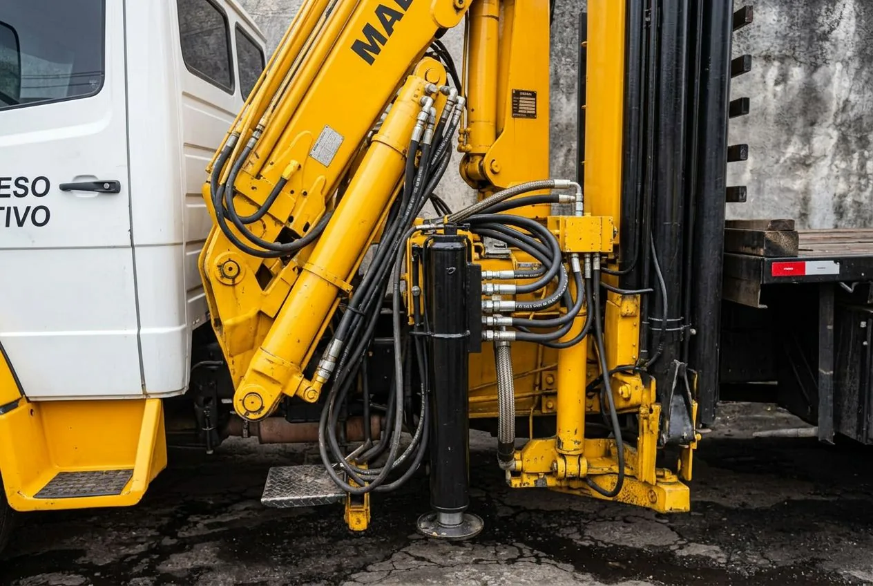 Detalhe hidráulico do guindaste articulado PK 38.502 instalado atrás da cabine