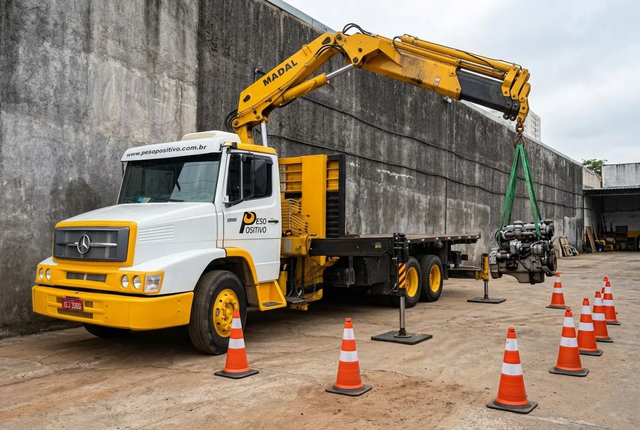 Caminhão MB 2324 operando guindaste articulado para içar equipamento industrial