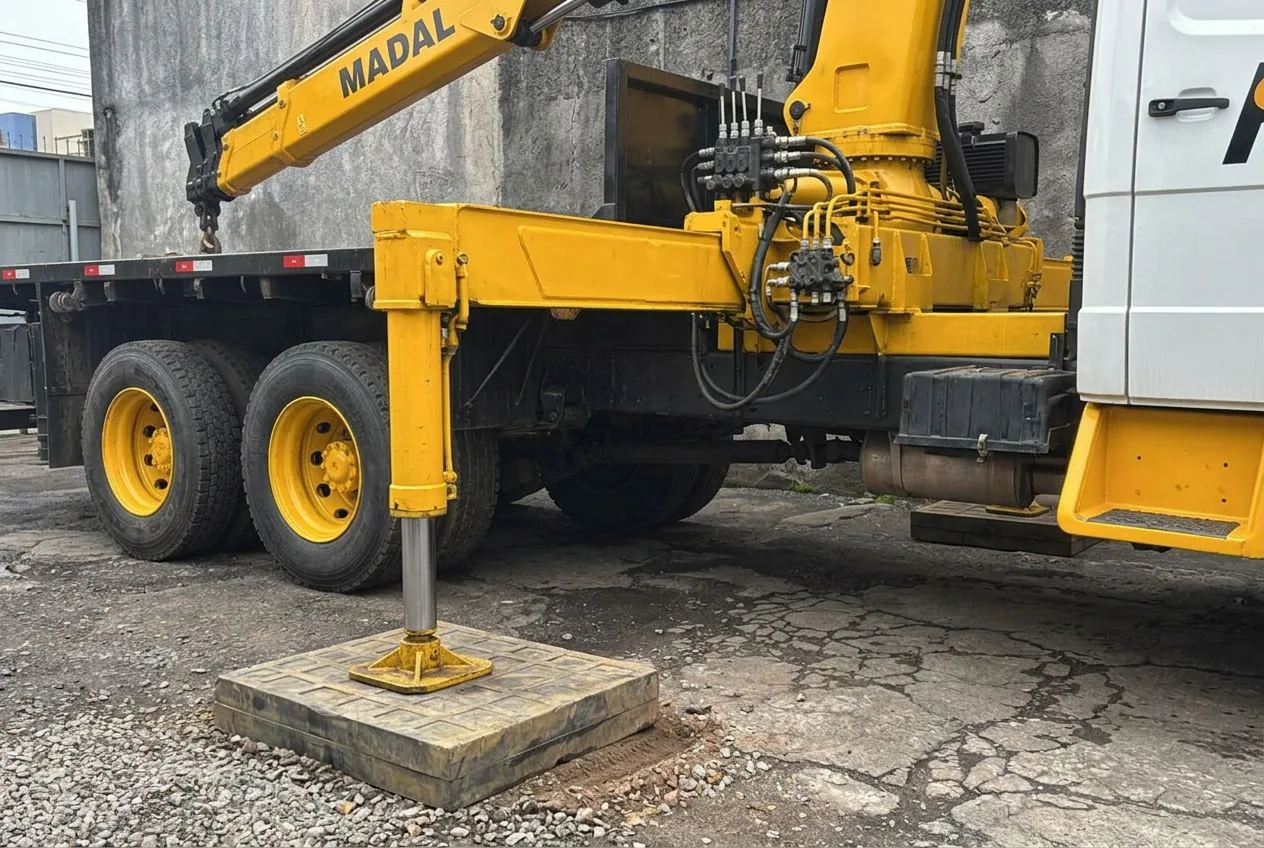 Sapatas estabilizadoras do caminhão munck apoiadas sobre base de distribuição de carga